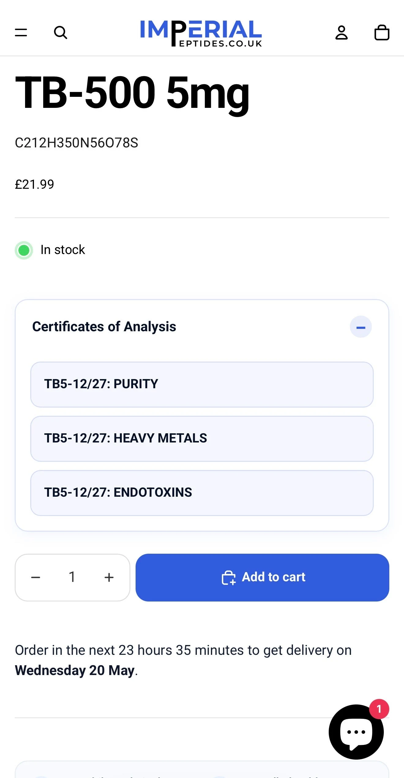 Imperial Peptides UK product page batch verification example